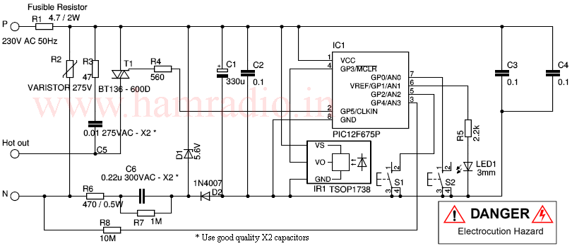 Fig. 5. The Circuit diagram. The fan is connected between Hot out and neutral line (N).